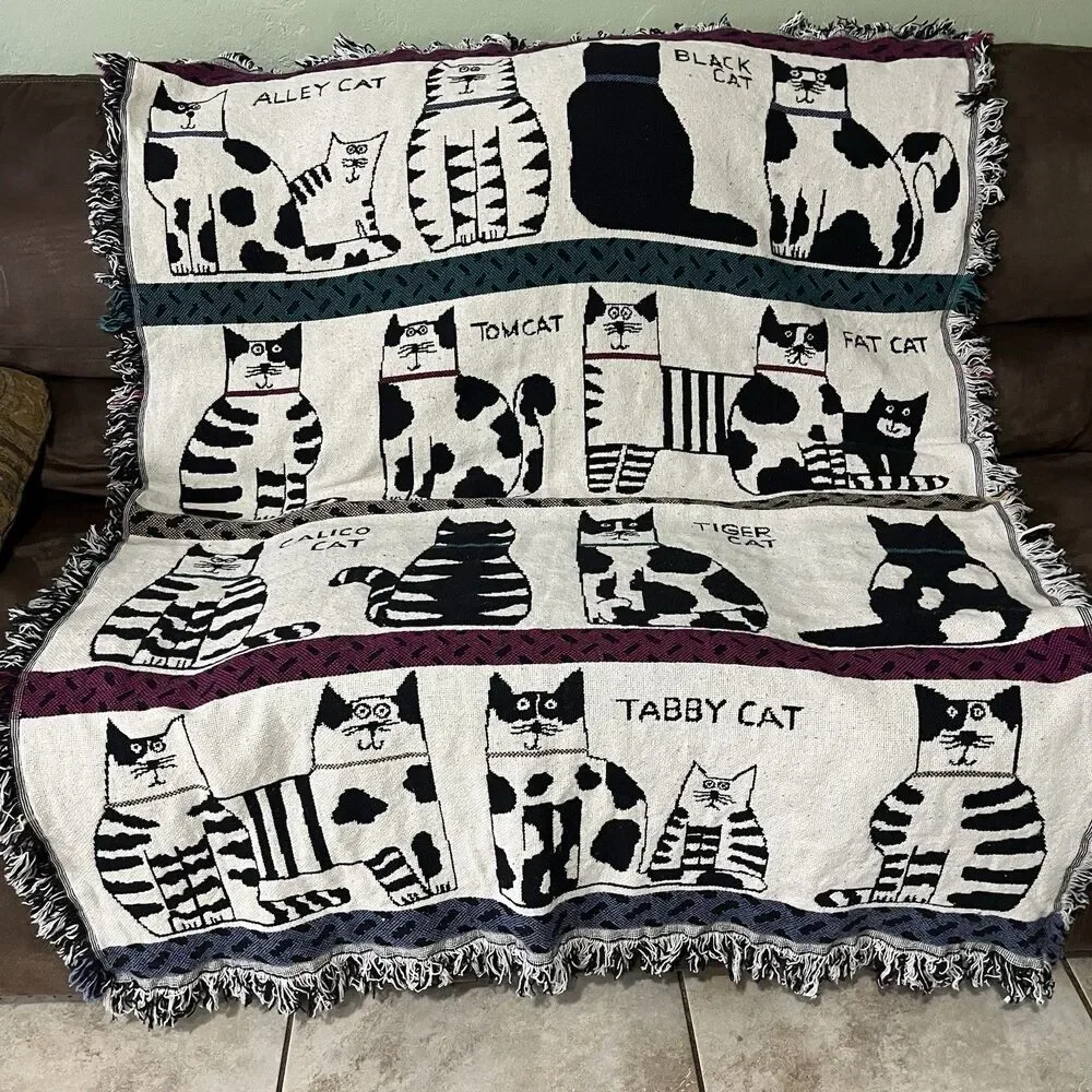 Crown Crafts Pat Meyers Cat Woven Throw Blanket Cotton Fringe Tapestry 60x50 USA